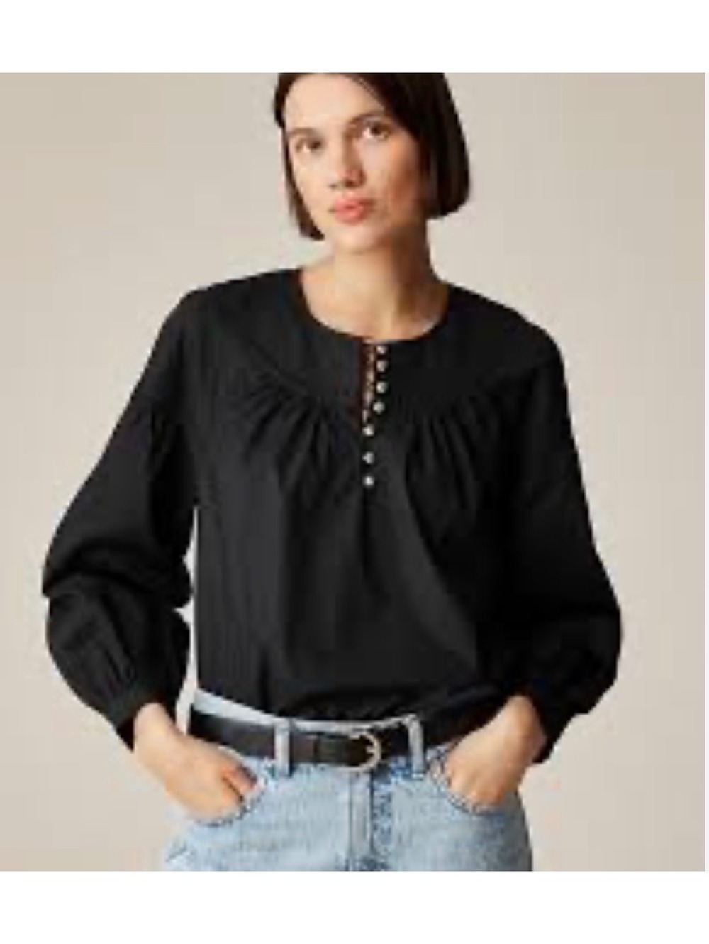 Shirred popover top in cotton poplin in black size XS